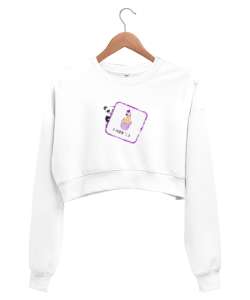 Sevimli Panda Beyaz Kadın Crop Sweatshirt