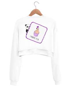 Sevimli Panda Beyaz Kadın Crop Sweatshirt