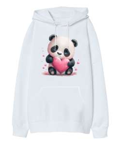 Sevimli Panda ve Kalpler Beyaz Oversize Unisex Kapüşonlu Sweatshirt