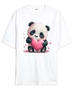 Sevimli Panda ve Kalpler Beyaz Oversize Unisex Tişört