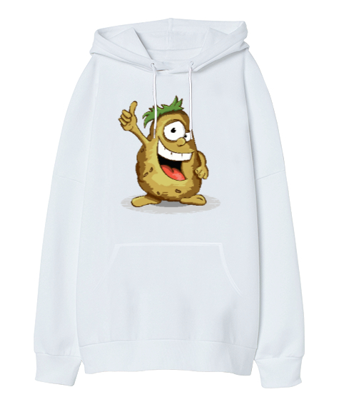 Sevimli Patates - Potato Beyaz Oversize Unisex Kapüşonlu Sweatshirt