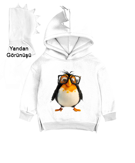 Sevimli Salaş Gözlüklü Penguen Beyaz Çocuk Dinozor Kapşonlu Hoodie - Tisho