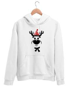 Sevimli Şapkalı Geyik Beyaz Unisex Kapşonlu Sweatshirt