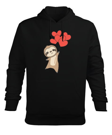 Sevimli Sloth Kalp Balonu Sevgililer Günü 14 Şubat Tasarımlı Siyah Erkek Kapüşonlu Hoodie Sweatshirt