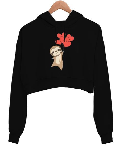 Sevimli Sloth Kalp Balonu Sevgililer Günü 14 Şubat Tasarımlı Siyah Kadın Crop Hoodie Kapüşonlu Sweatshirt