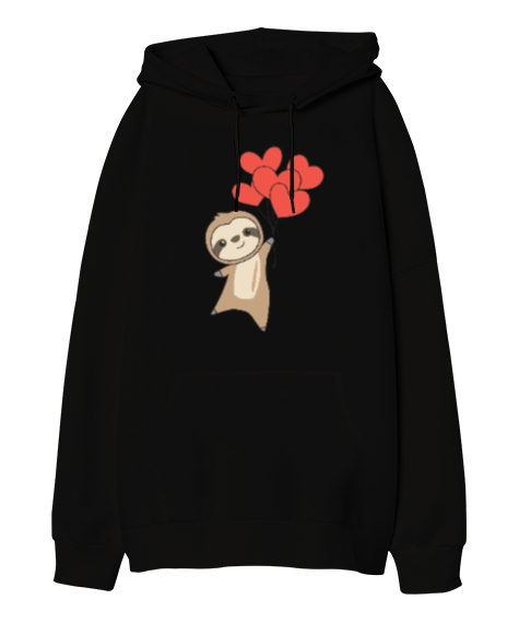 Sevimli Sloth Kalp Balonu Sevgililer Günü 14 Şubat Tasarımlı Siyah Oversize Unisex Kapüşonlu Sweatshirt