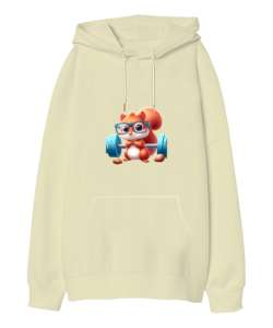 Sevimli Sporcu Gözlüklü Sincap Baskılı Krem Oversize Unisex Kapüşonlu Sweatshirt