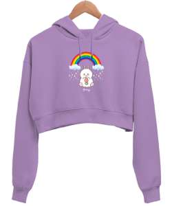 Sevimli Tavşan Gökkuşağı Altında Lila Kadın Crop Hoodie Kapüşonlu Sweatshirt