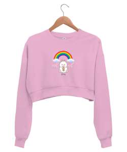 Sevimli Tavşan Gökkuşağı Pembe Kadın Crop Sweatshirt