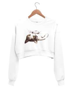 Sevimli Uzanmış Kedi - Sweet Cat Beyaz Kadın Crop Sweatshirt