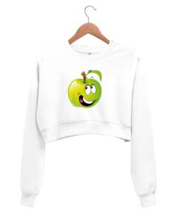 Sevimli yeşil elma baskılı Beyaz Kadın Crop Sweatshirt