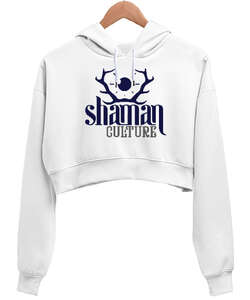 Shaman Culture - Şaman Beyaz Kadın Crop Hoodie Kapüşonlu Sweatshirt