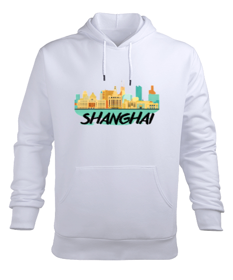 SHANGHAI Beyaz Erkek Kapüşonlu Hoodie Sweatshirt