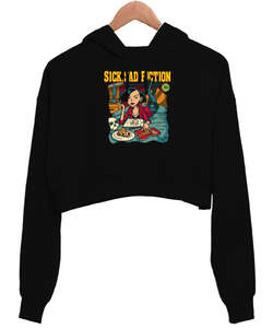 Sick Sad Fiction Classic Pulp Fiction Ucuz Roman Baskılı Siyah Kadın Crop Hoodie Kapüşonlu Sweatshirt