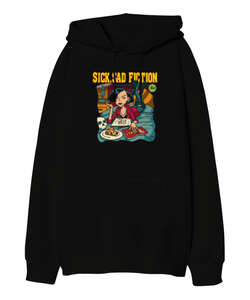 Sick Sad Fiction Classic Pulp Fiction Ucuz Roman Baskılı Siyah Oversize Unisex Kapüşonlu Sweatshirt