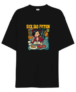 Sick Sad Fiction Classic Pulp Fiction Ucuz Roman Baskılı Siyah Oversize Unisex Tişört