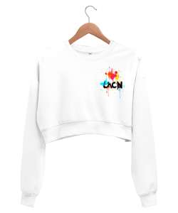 Sıçramış boya detaylı Beyaz Kadın Crop Sweatshirt