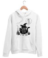 Sihir Kitabı Okuyan Cadı Kedi Beyaz Unisex Kapşonlu Sweatshirt - Thumbnail