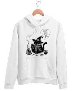 Sihir Kitabı Okuyan Cadı Kedi Beyaz Unisex Kapşonlu Sweatshirt