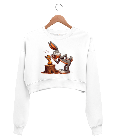 Tisho - SİNCAP VE BUNNY Beyaz Kadın Crop Sweatshirt