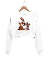 SİNCAP VE BUNNY Beyaz Kadın Crop Sweatshirt - Thumbnail