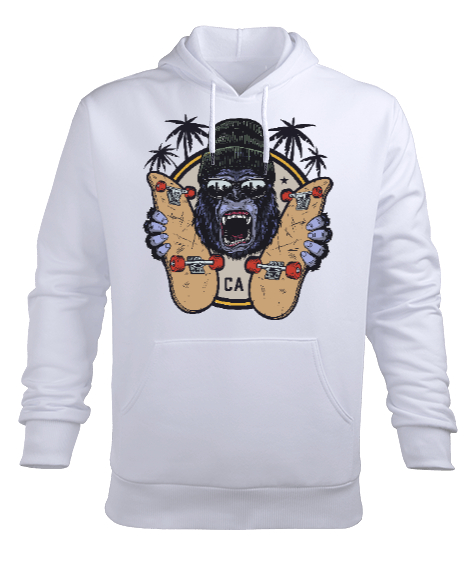 Sinirli Güçlü Gözlüklü Kaykaylı Goril Beyaz Erkek Kapüşonlu Hoodie Sweatshirt