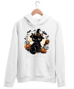 Şirin Cadı Kara Kedi Beyaz Unisex Kapşonlu Sweatshirt