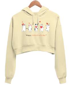 Şirin Kediler - Sevgililer Günü Krem Kadın Crop Hoodie Kapüşonlu Sweatshirt