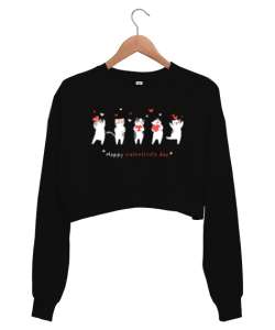 Şirin Kediler - Sevgililer Günü Siyah Kadın Crop Sweatshirt