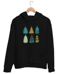 Şirin,elle çizilmiş noel ağaçları, mutlu yıllar Siyah Unisex Kapşonlu Sweatshirt