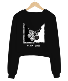 Siyah Gül Kadın Crop Hoodie Kapüşonlu Sweatshirt