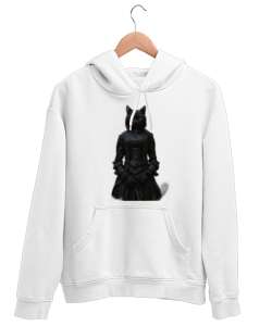 Siyah Kedi Beyaz Unisex Kapşonlu Sweatshirt