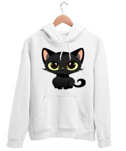 Siyah Kedi Yavrusu Anime Beyaz Unisex Kapşonlu Sweatshirt