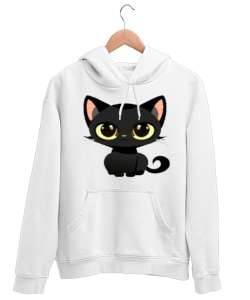 Siyah Kedi Yavrusu Beyaz Unisex Kapşonlu Sweatshirt