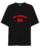 Siyah Los Angeles 91 Yazılı Siyah Oversize Unisex Tişört - Thumbnail