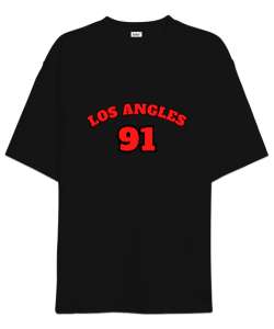 Siyah Los Angeles 91 Yazılı Siyah Oversize Unisex Tişört