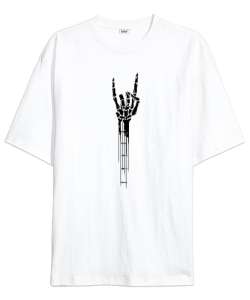 Skeleton Hand Guitar - Rock And Roll - İsklet El Beyaz Oversize Unisex Tişört