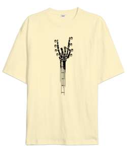 Skeleton Hand Guitar - Rock And Roll - İsklet El V2 Krem Oversize Unisex Tişört