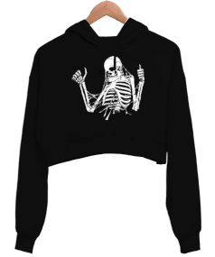 Skeleton Kadın Crop Hoodie Kapüşonlu Sweatshirt