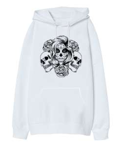 SKULL AND GİRL Beyaz Oversize Unisex Kapüşonlu Sweatshirt