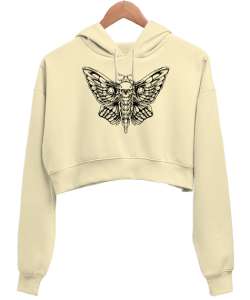 Skull Butterfly - İskelet kelebek Krem Kadın Crop Hoodie Kapüşonlu Sweatshirt