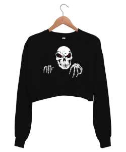 Skull - Kafatası Blu V2 Siyah Kadın Crop Sweatshirt