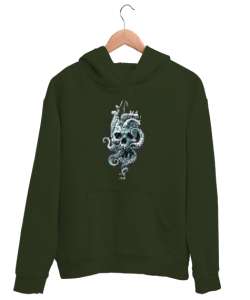 Skull Octopus - Ahtapot Kafatası Haki Yeşili Unisex Kapşonlu Sweatshirt