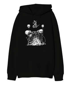 Skulls Siyah Oversize Unisex Kapüşonlu Sweatshirt