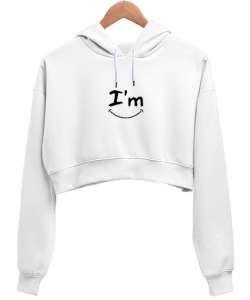 Smiley Beyaz Kadın Crop Hoodie Kapüşonlu Sweatshirt