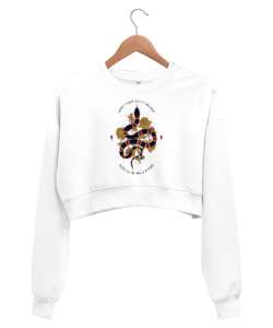 Snake - Yılan ve Güller Beyaz Kadın Crop Sweatshirt