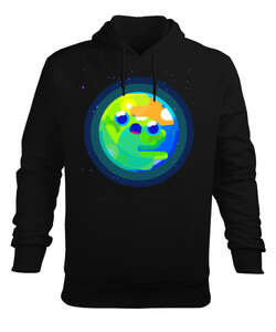 Şok Dünya Uzay Gezegen Tasarım Baskılı Siyah Erkek Kapüşonlu Hoodie Sweatshirt