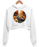 Sonbahar Mevsimi Beyaz Kadın Crop Hoodie Kapüşonlu Sweatshirt - Thumbnail