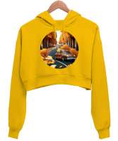 Sonbahar Mevsimi Sarı Kadın Crop Hoodie Kapüşonlu Sweatshirt - Thumbnail