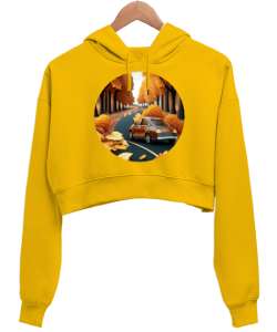 Sonbahar Mevsimi Sarı Kadın Crop Hoodie Kapüşonlu Sweatshirt